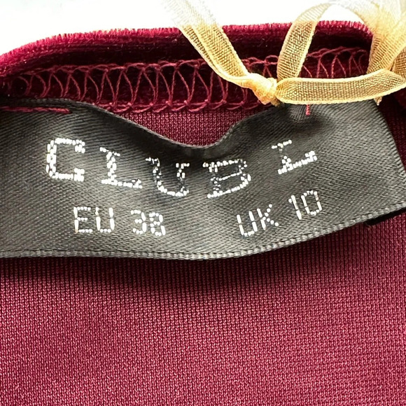 CLUB L Burgundy Velvet MIDI Dress Plunging Neck Faux Wrap US Size 8 - Picture 13 of 16